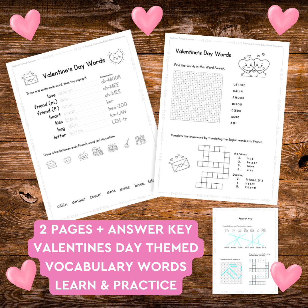 Beginner French Valentine’s Day Vocabulary Worksheets